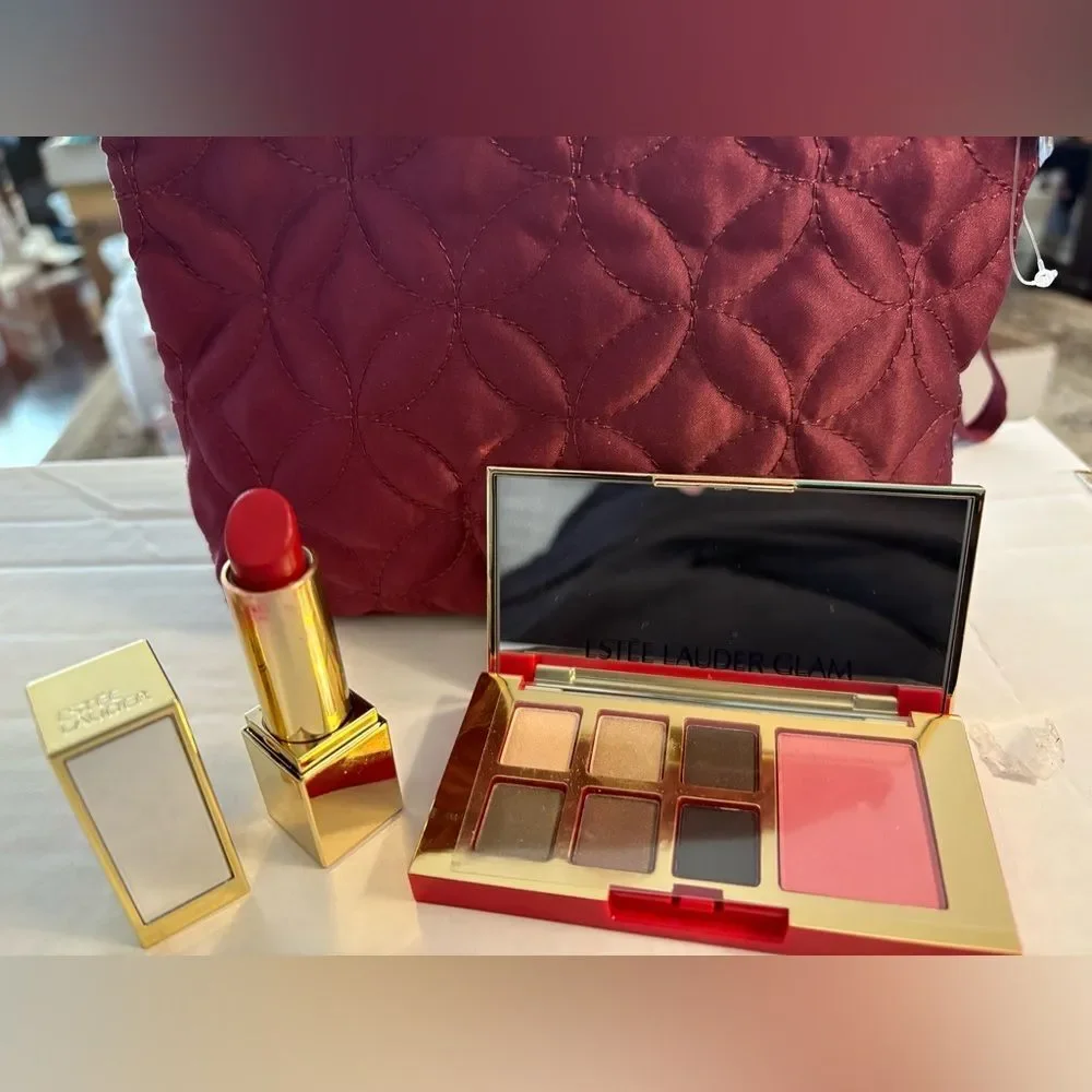 Estee Lauder Lipstick, Eyeshadow,‎ Blush, plus Quilted Burgundy Cosmetic Bag